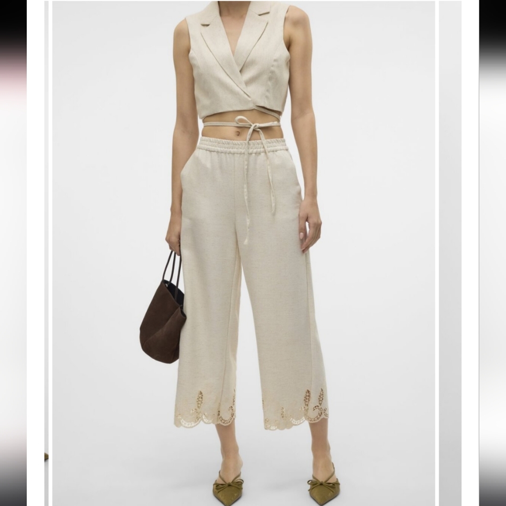 VERO MODA | Women's Birch Linen Blend Soffie Embroidered Culotte Cropped Pants